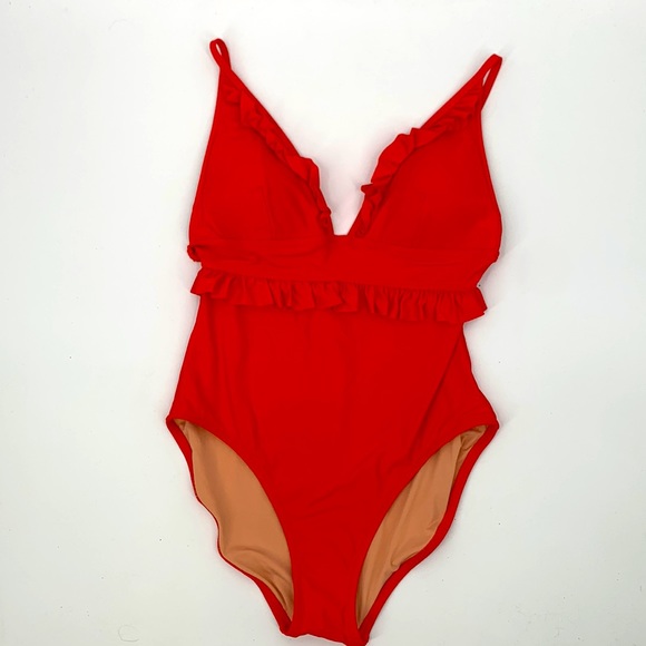 J. Crew Other - NWT J. Crew Swimsuit Ruffle Deep V One piece size 10 red